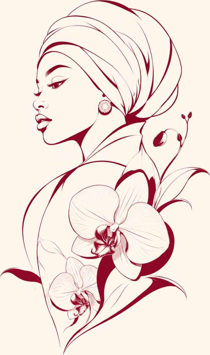 Illustration of The Orchid, a woman in a headwrap with orchids